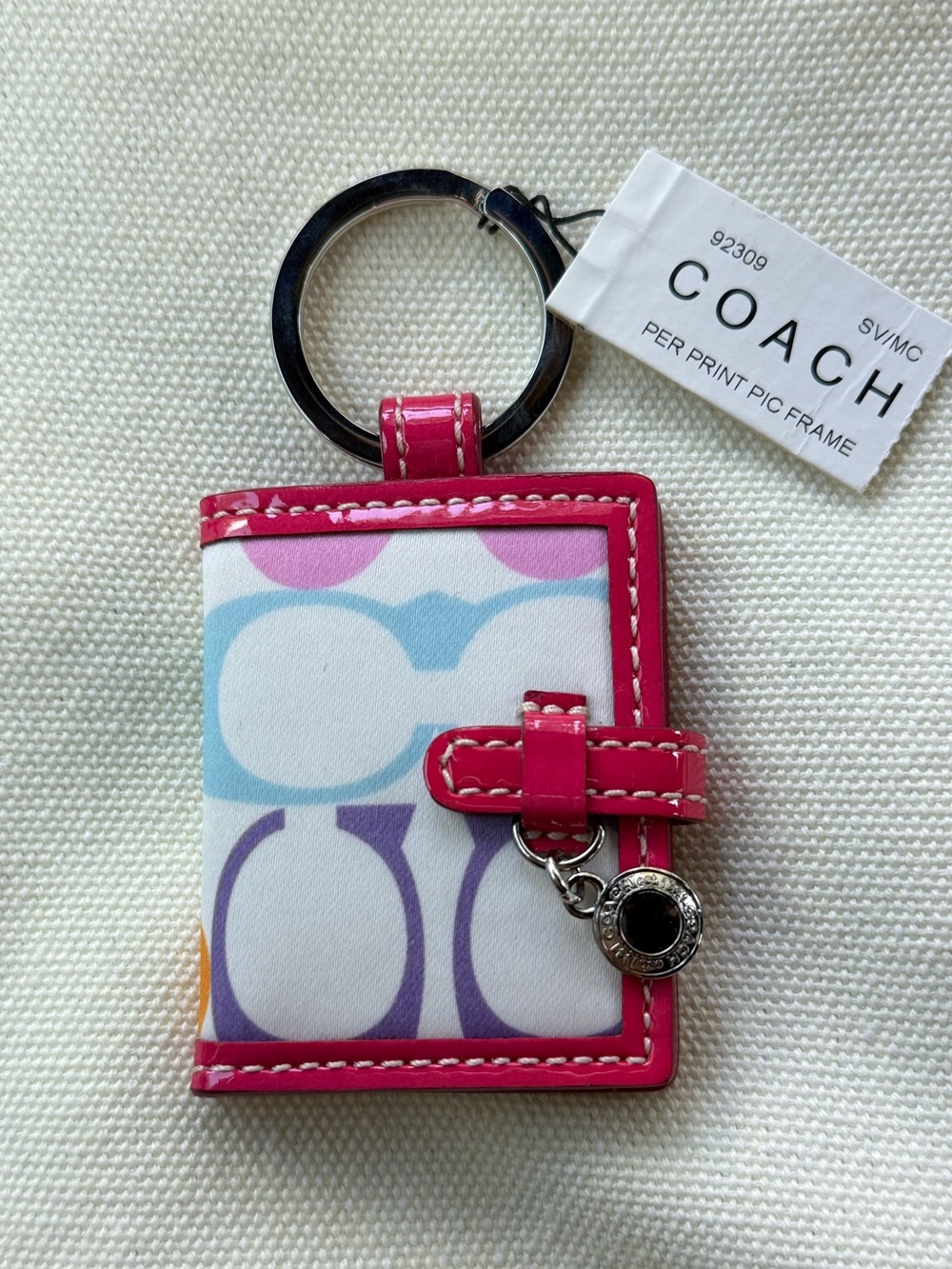 NWT Coach Y2K Pink Trim Signature Mini Photo Holder Keychain Heart Charm Vintage